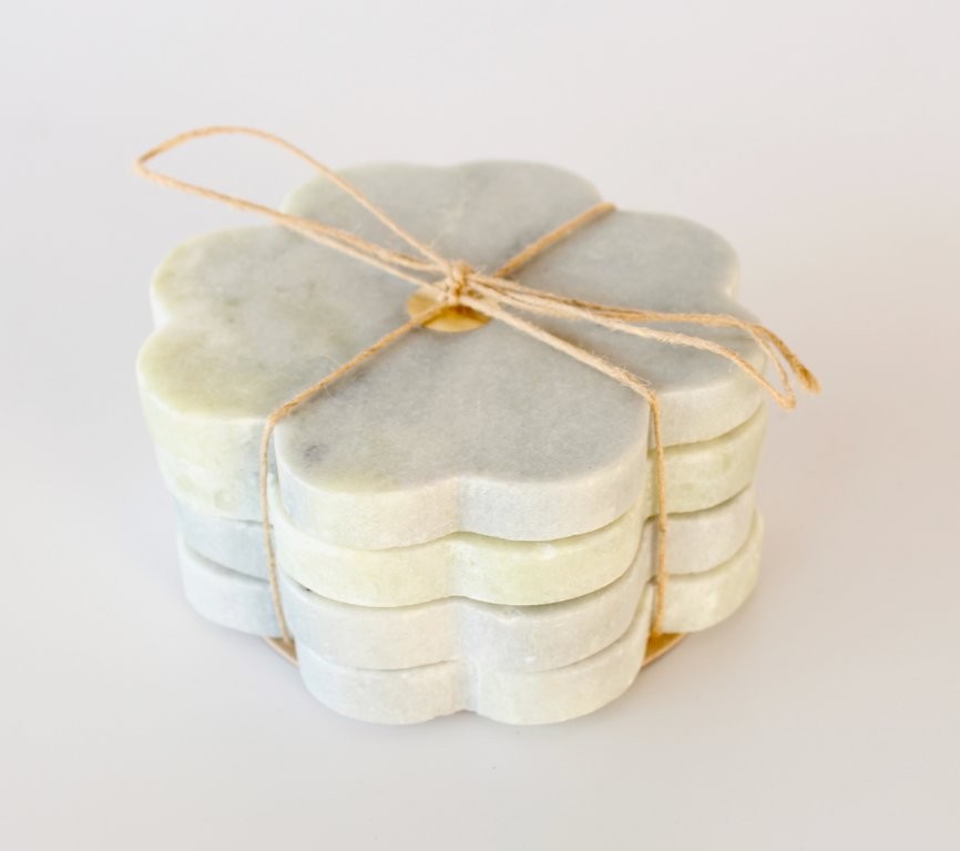 Set Of Grey Petal Marble & Brass Coasters
